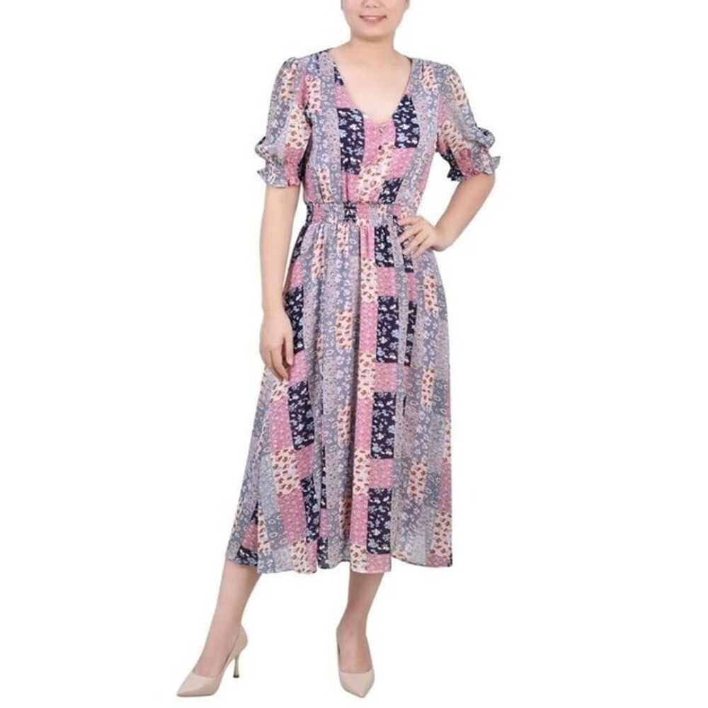 NWT Size PM NY Collection Petite Short Puff Sleeve Mauve Floral Patchwork Petite